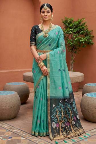 sky blue muga cotton traditional saree with meenakari ajrakh pallu