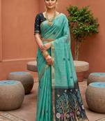 sky blue muga cotton traditional saree with meenakari ajrakh pallu