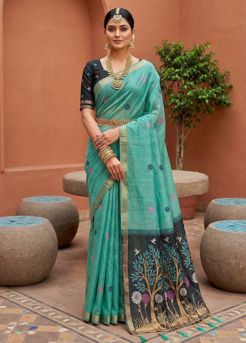Sky blue muga cotton meenakari & azarakh pallu saree with contrast blouse