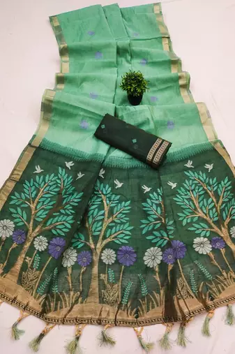 sky blue muga cotton traditional saree with meenakari ajrakh pallu