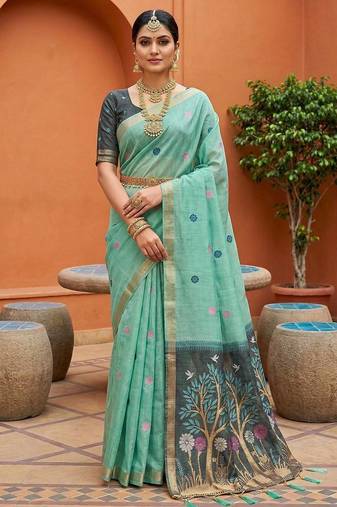 turquoise muga cotton traditional saree with meenakari ajrakh pallu