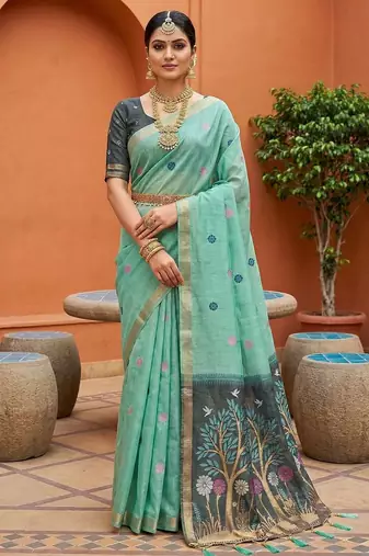turquoise muga cotton traditional saree with meenakari ajrakh pallu