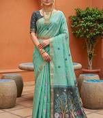turquoise muga cotton traditional saree with meenakari ajrakh pallu