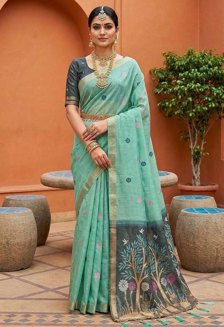 Turquoise muga cotton meenakari & azarakh pallu saree with contrast blouse