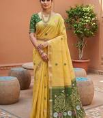 yellow muga cotton traditional saree with meenakari ajrakh pallu