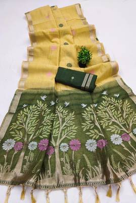 yellow muga cotton traditional saree with meenakari ajrakh pallu 2