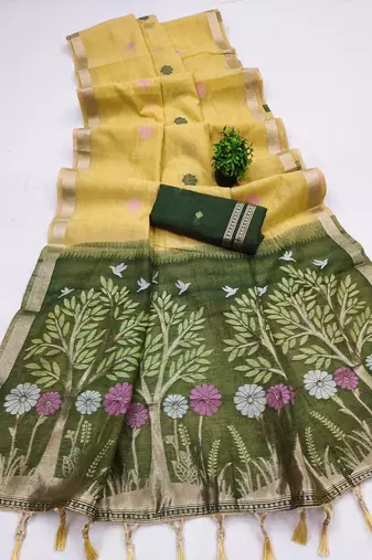 yellow muga cotton traditional saree with meenakari ajrakh pallu