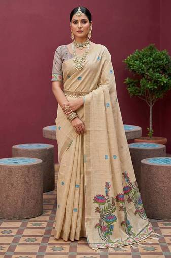cream muga cotton saree with ajrakh meenakari pallu design