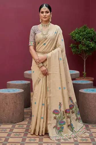 cream muga cotton saree with ajrakh meenakari pallu design