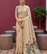 cream muga cotton saree with ajrakh meenakari pallu design