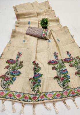 cream muga cotton saree with ajrakh meenakari pallu design 2