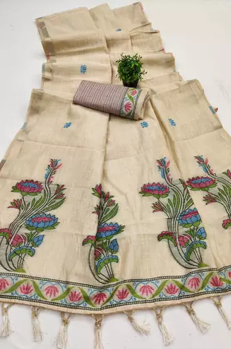 cream muga cotton saree with ajrakh meenakari pallu design
