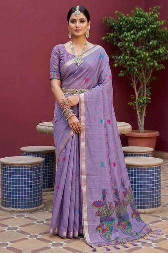 lavender muga cotton saree with ajrakh meenakari pallu design