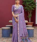 lavender muga cotton saree with ajrakh meenakari pallu design