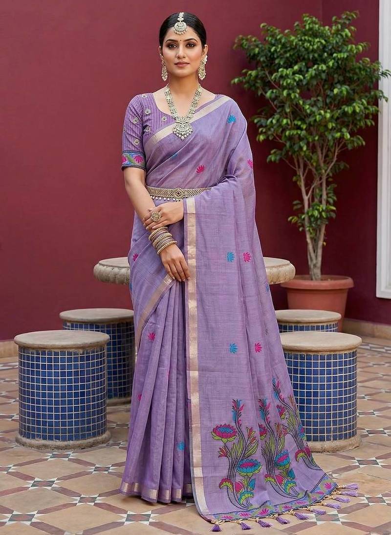 Lavender muga cotton meenakari & azarakh pallu saree with contrast blouse