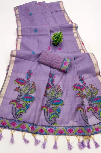 lavender muga cotton saree with ajrakh meenakari pallu design