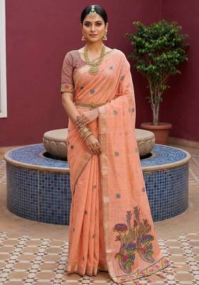 peach muga cotton saree with ajrakh meenakari pallu design 1