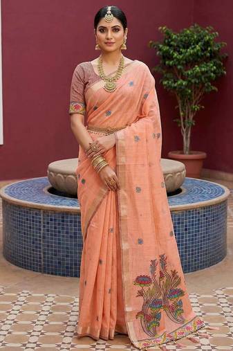 peach muga cotton saree with ajrakh meenakari pallu design
