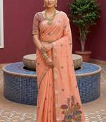 peach muga cotton saree with ajrakh meenakari pallu design