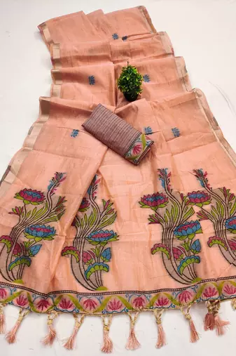 peach muga cotton saree with ajrakh meenakari pallu design