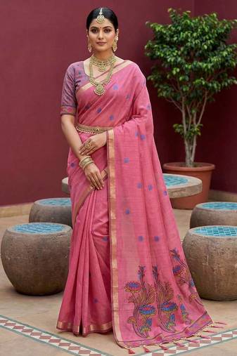 pink muga cotton saree with ajrakh meenakari pallu design