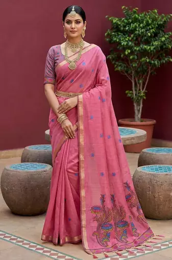 pink muga cotton saree with ajrakh meenakari pallu design