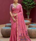 pink muga cotton saree with ajrakh meenakari pallu design