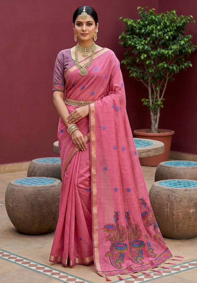 Pink muga cotton meenakari & azarakh pallu saree with contrast blouse
