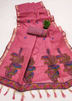 pink muga cotton saree with ajrakh meenakari pallu design 2