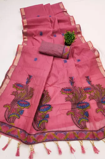 pink muga cotton saree with ajrakh meenakari pallu design