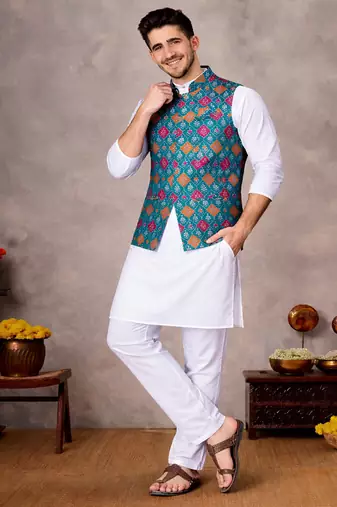 turquoise jacquard weaving cotton silk koti kurta pajama set