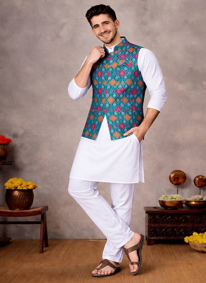 turquoise jacquard weaving cotton silk koti kurta pajama set