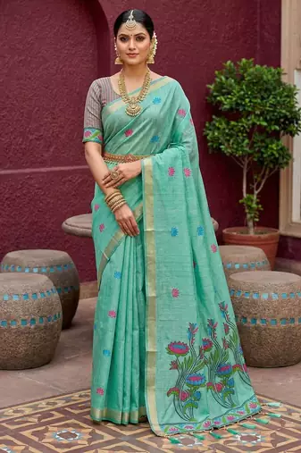 sky blue muga cotton saree with ajrakh meenakari pallu design