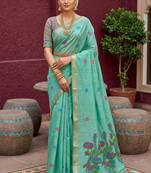 sky blue muga cotton saree with ajrakh meenakari pallu design
