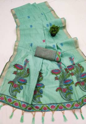 sky blue muga cotton saree with ajrakh meenakari pallu design
 2