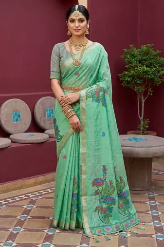 turquoise muga cotton saree with ajrakh meenakari pallu design