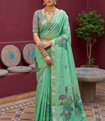 turquoise muga cotton saree with ajrakh meenakari pallu design