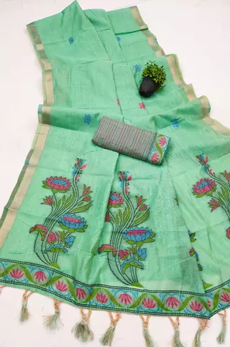 turquoise muga cotton saree with ajrakh meenakari pallu design