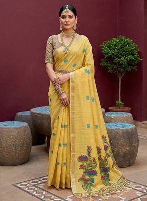yellow muga cotton saree with ajrakh meenakari pallu design 1
