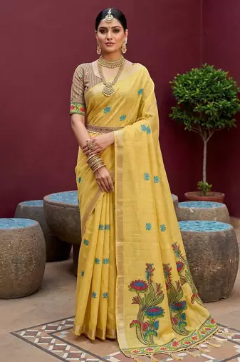 yellow muga cotton saree with ajrakh meenakari pallu design