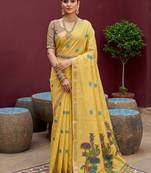 yellow muga cotton saree with ajrakh meenakari pallu design