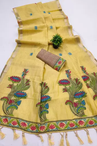 yellow muga cotton saree with ajrakh meenakari pallu design