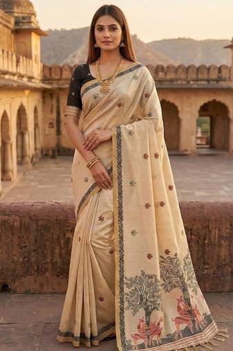 Cream muga cotton meenakari & azarakh pallu saree with contrast blouse