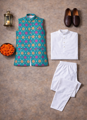 turquoise jacquard weaving cotton silk koti kurta pajama set 5