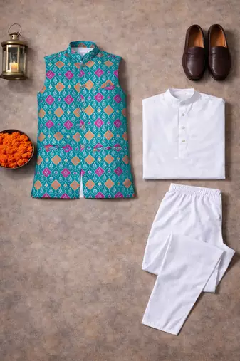 turquoise jacquard weaving cotton silk koti kurta pajama set