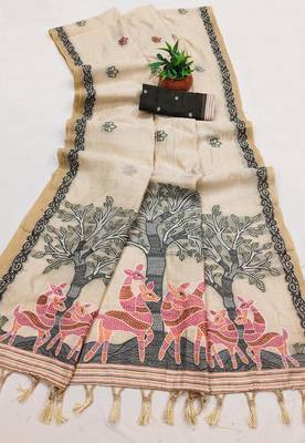 cream muga cotton meenakari ajrakh pallu saree
 2