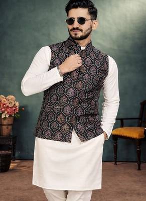 black jacquard weaving cotton silk koti kurta pajama set 1