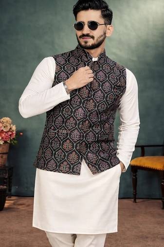 black jacquard weaving cotton silk koti kurta pajama set