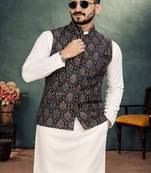 black jacquard weaving cotton silk koti kurta pajama set