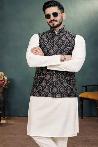 black jacquard weaving cotton silk koti kurta pajama set